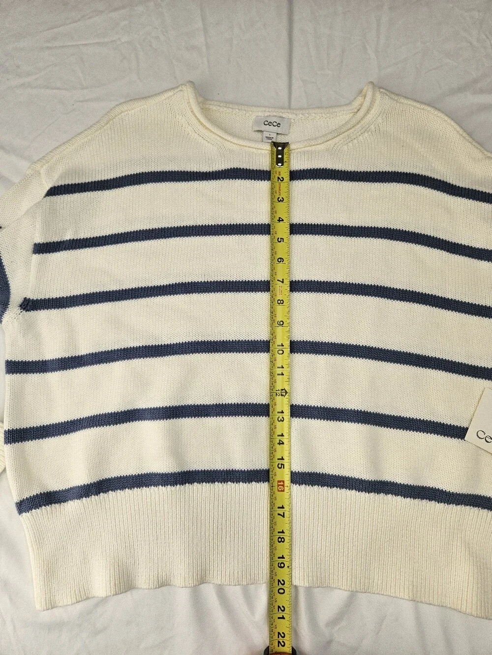 Cece Cream and Periwinkle Blue Striped Crewneck Sweater